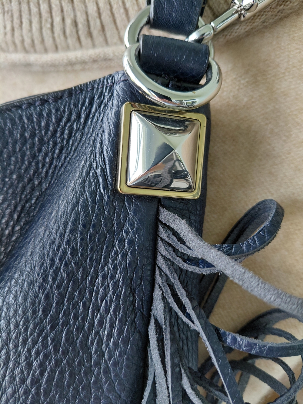 Rebecca Minkoff Navy Blue Genuine Leather Fringe Hobo Crossbody Bag Boho - Picture 3 of 14
